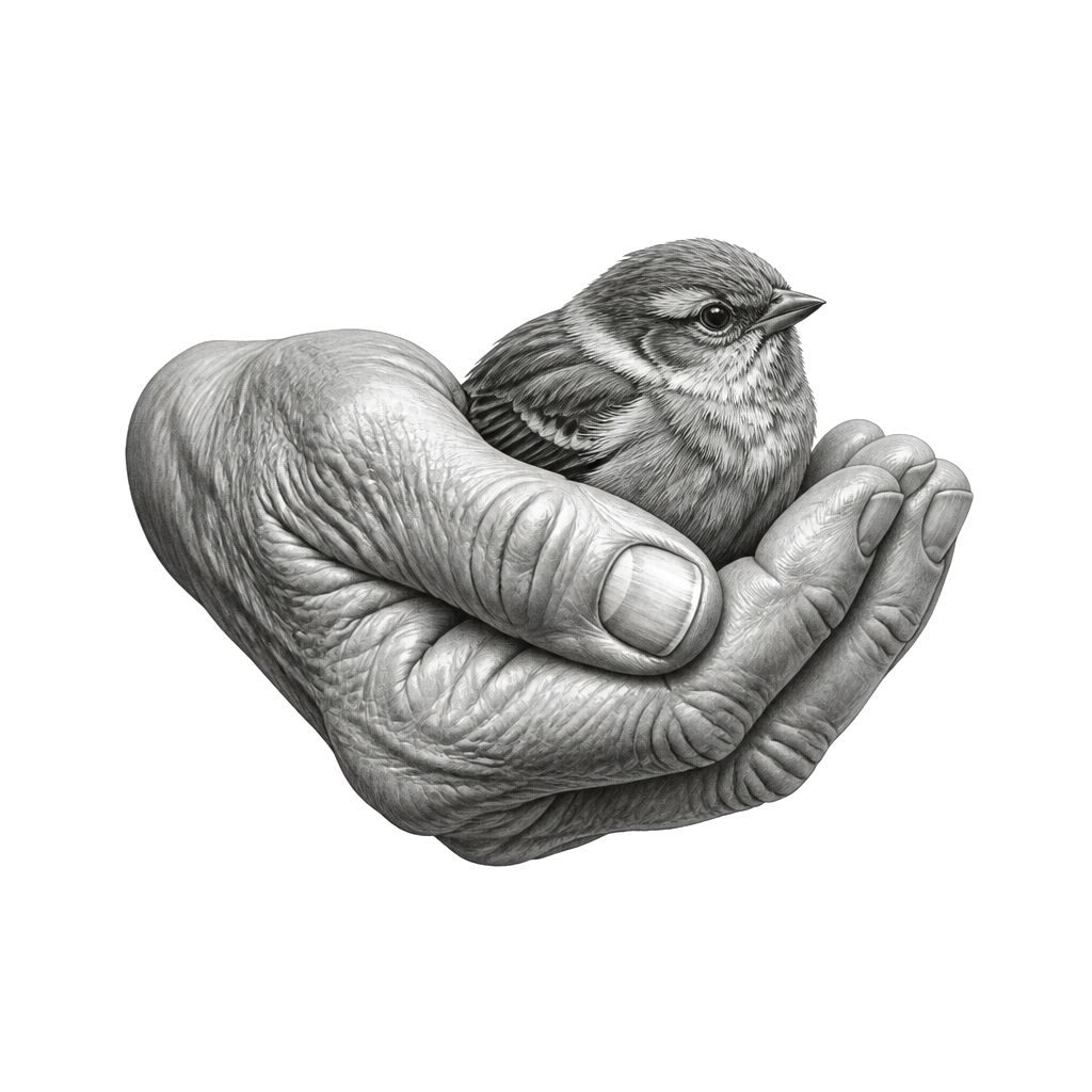 An elderly hand cradling a small bird