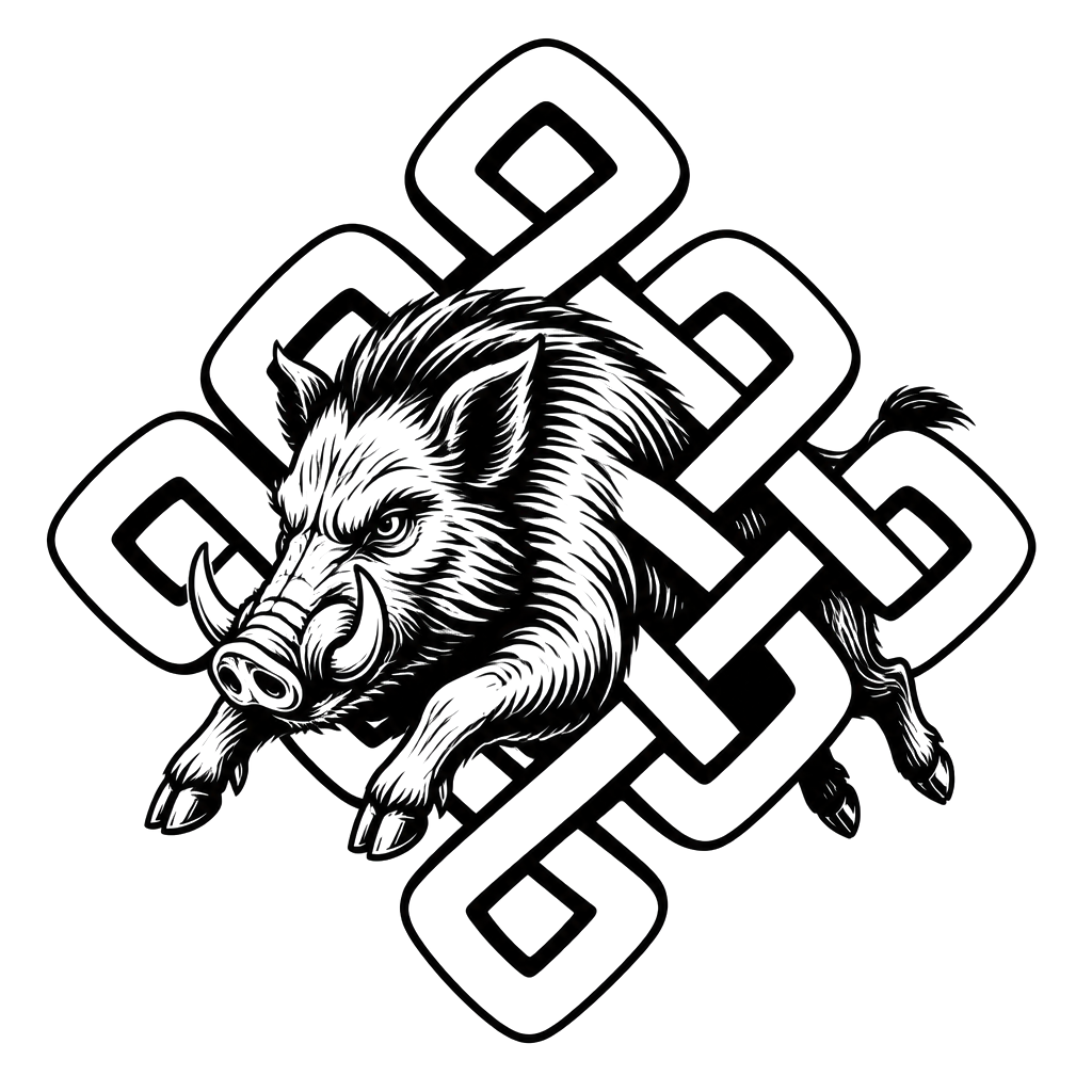 A boar charging through an endless knot