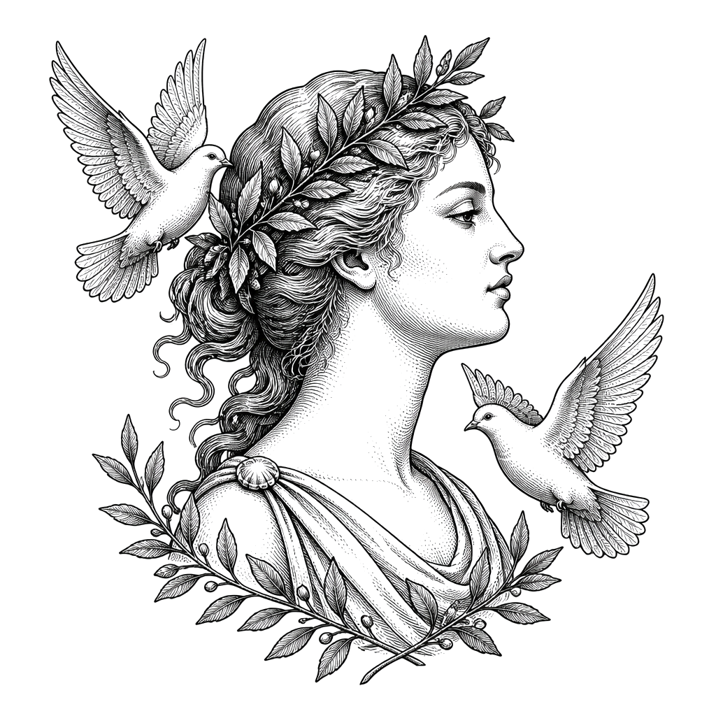 Aphrodite's profile crowned with a myrtle wreath and two doves