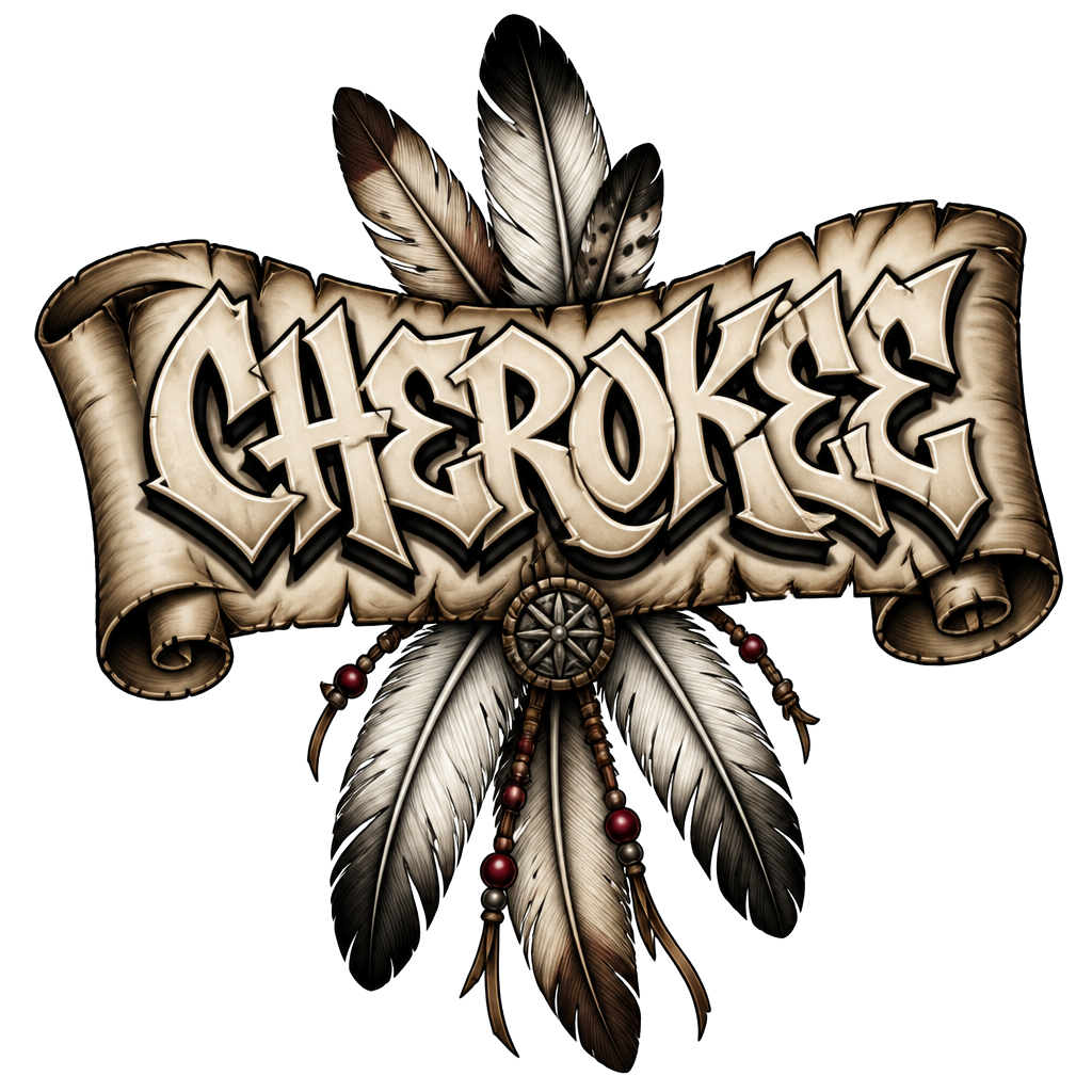 CHEROKEE
in a scroll with  Indian feathers