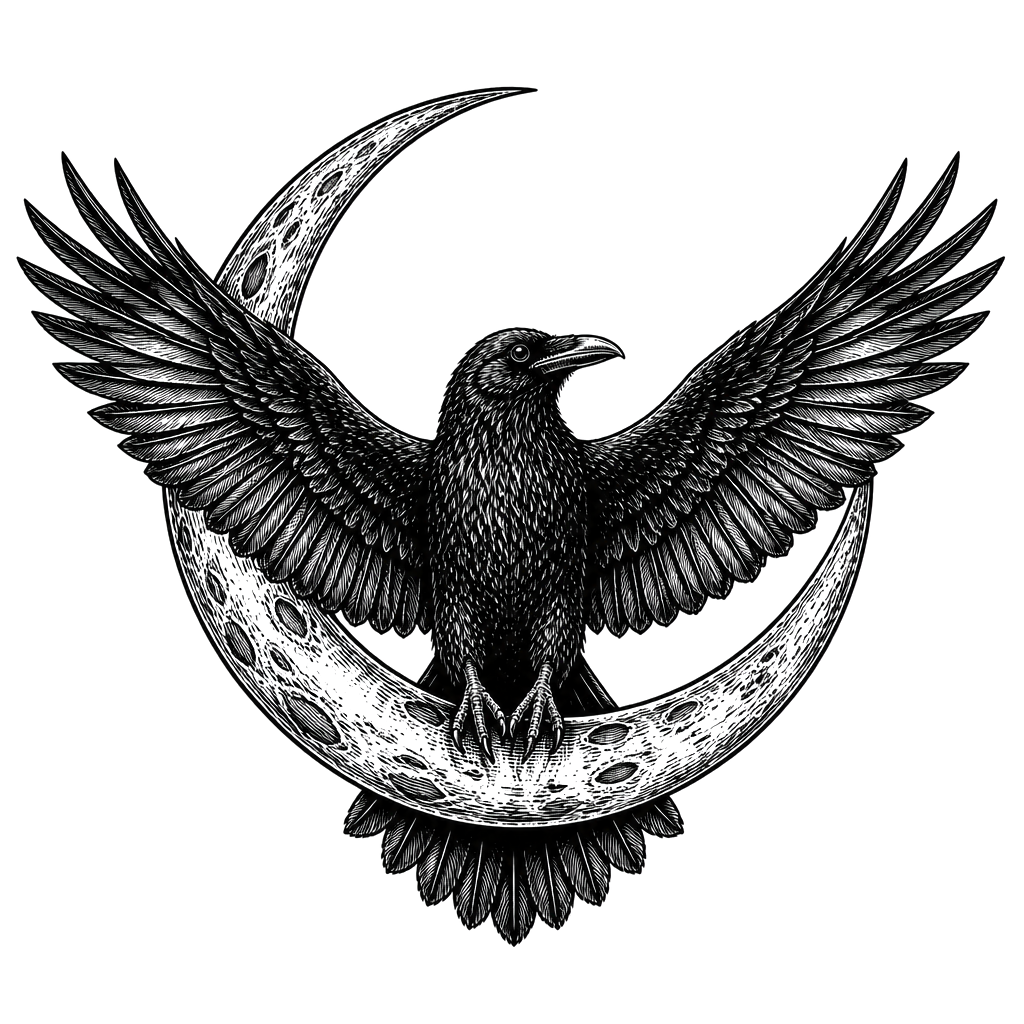 A raven with wings spread across a crescent moon