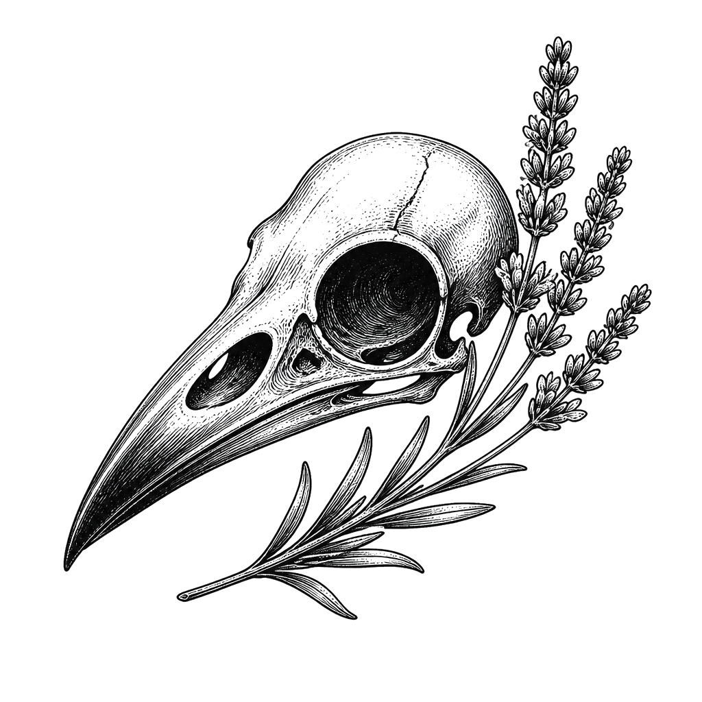 A raven skull with a sprig of lavender