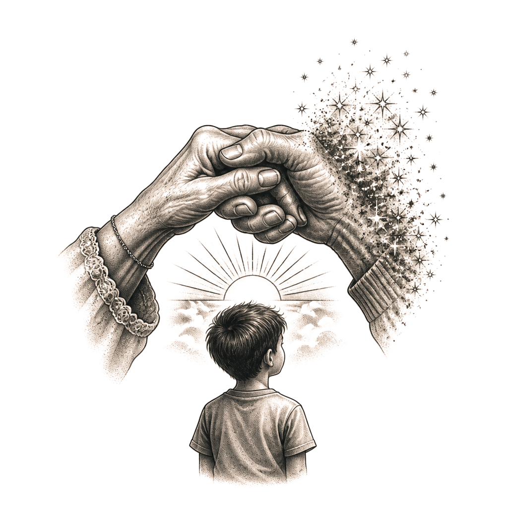 A young boy beneath his grandparents’ joined hands, one hand gently fading into stars, with a small rising sun symbolizing his grandfather’s enduring guidance.