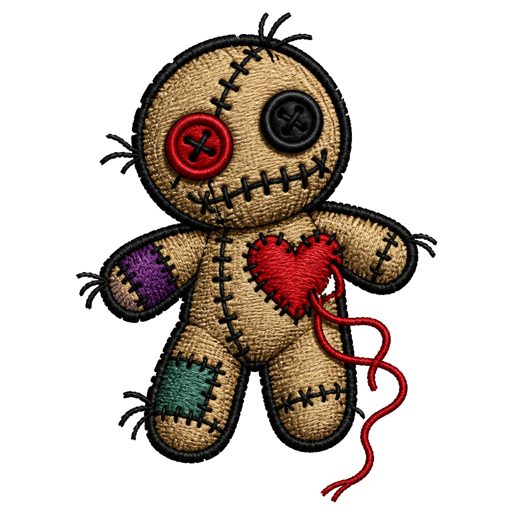 A stitched voodoo doll patch with a loose thread heart