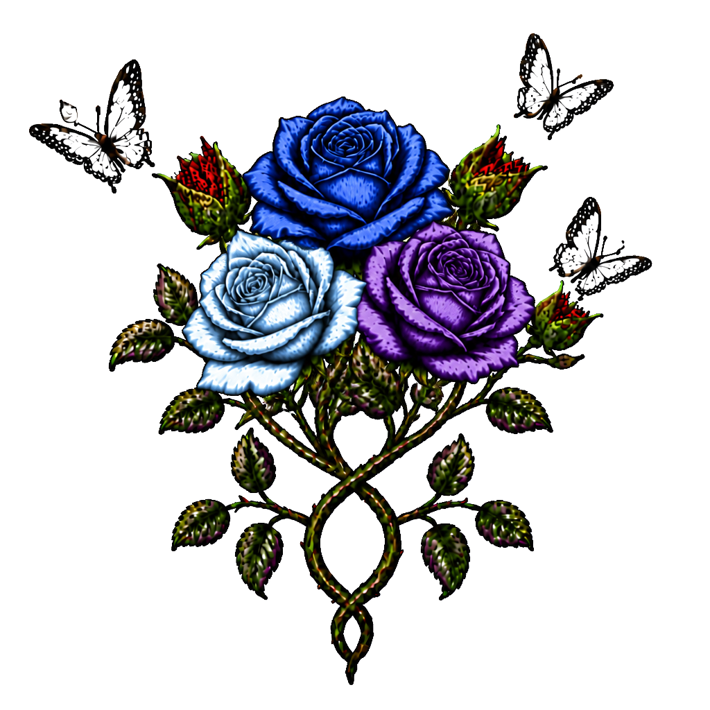 1 rote Rose, 1 geschlossene Rose wo ein Schmetterling entsteht,2 geschlossene Rosen an einen Strang wo aus den geschlossenen Rosen Schmetterlinge entstehen, 1 lila Rose und 1 rote Rose. Alles zusammen mit den Namen Fabian und Dèsirèe verbunden