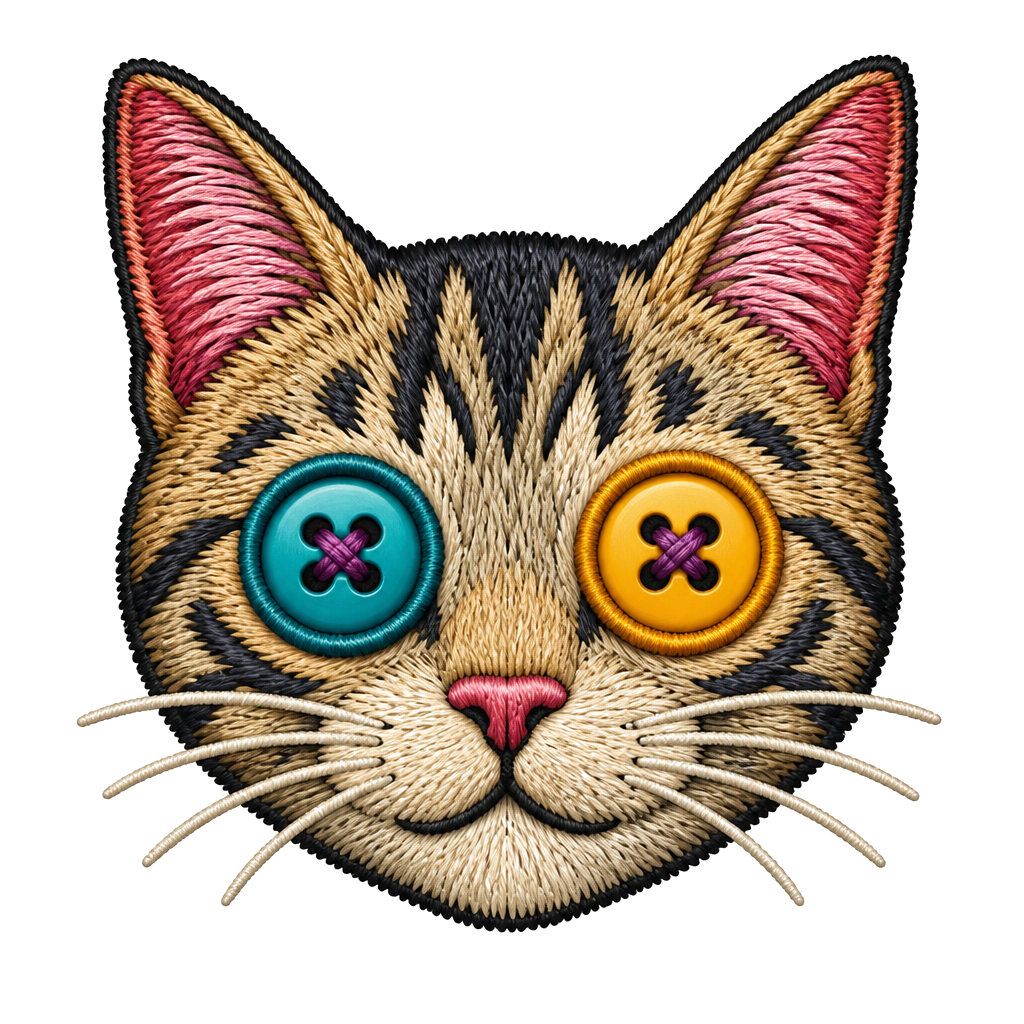 A cat face stitched with button eyes