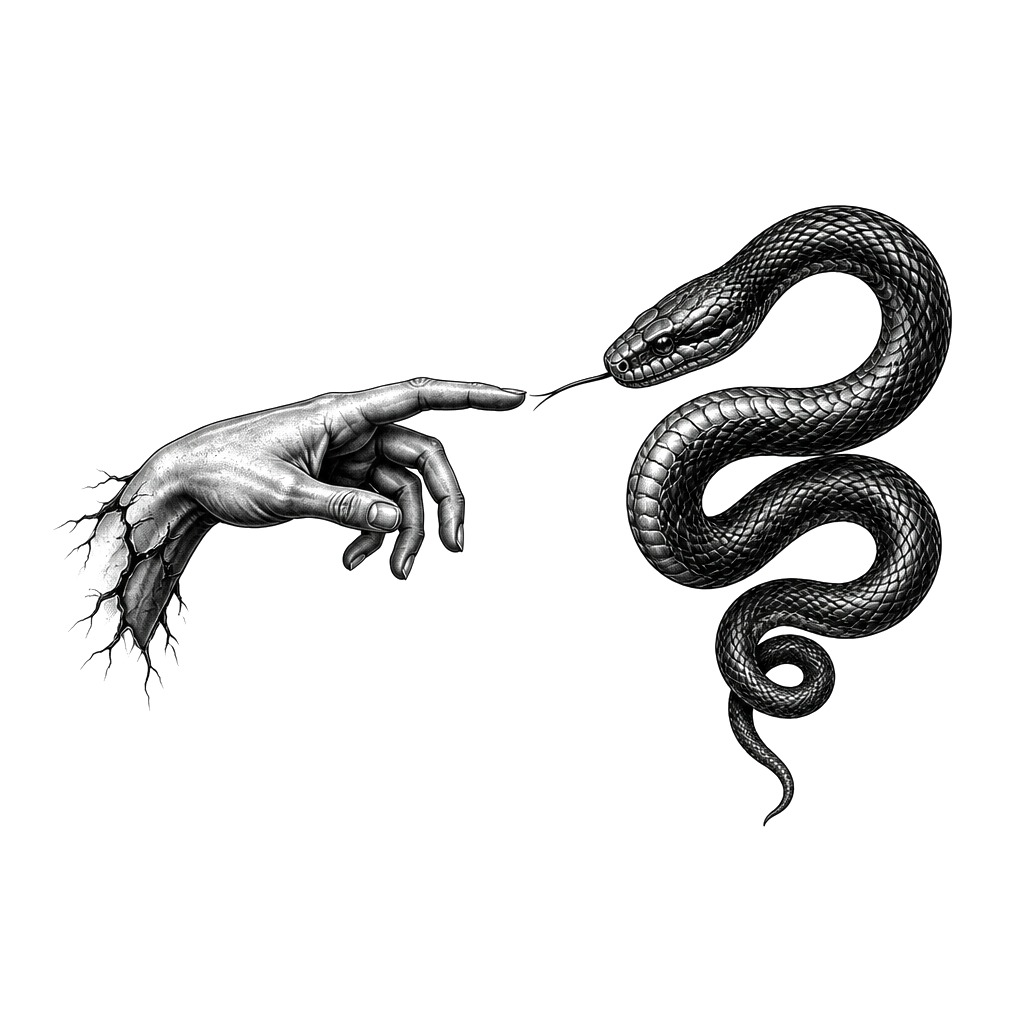 Trust no one une main un serpent qui se touche de la pointe du doigt
