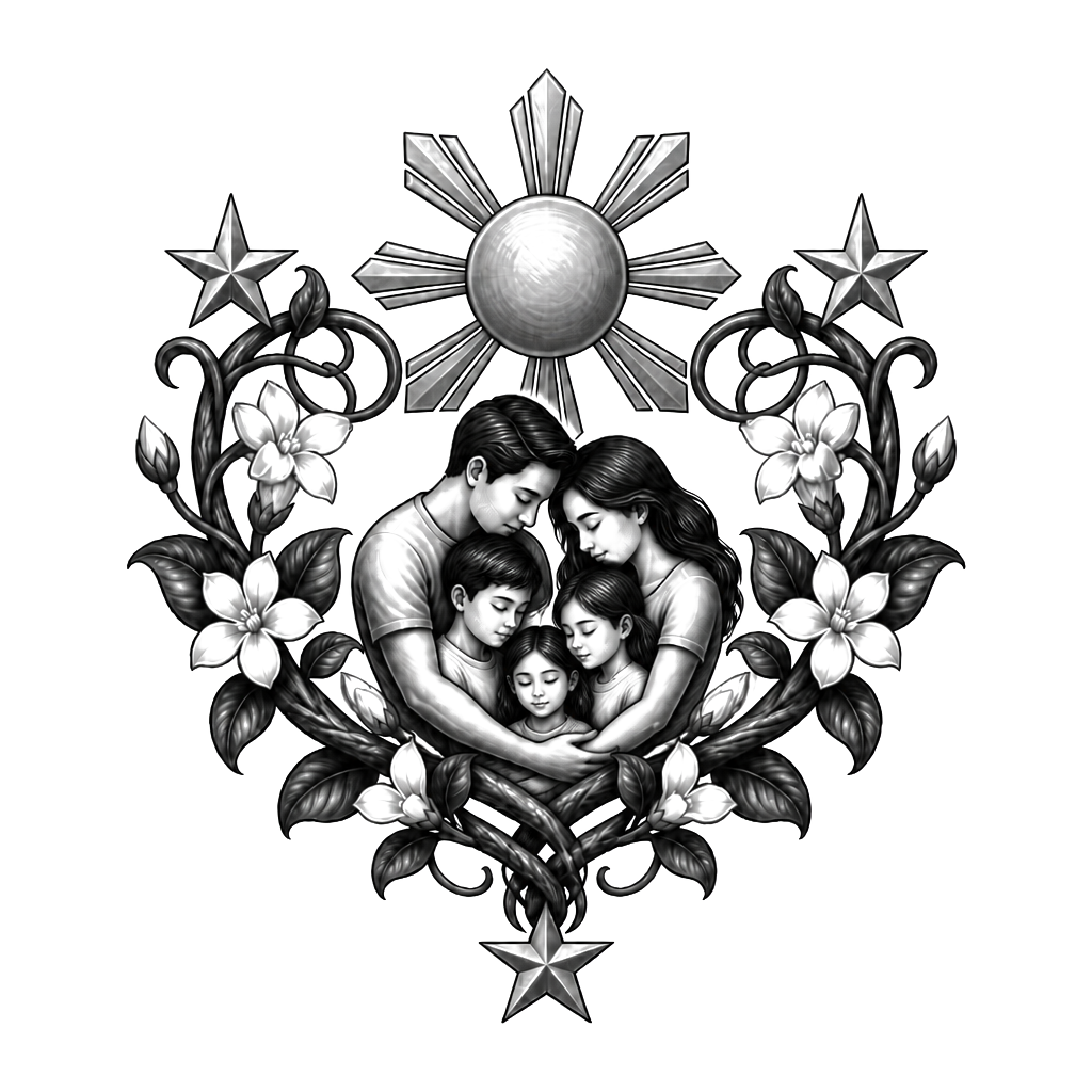 A Philippine sun and three stars encircle a family beneath a sampaguita vine, their interwoven stems forming a heart and a strong protective embrace.