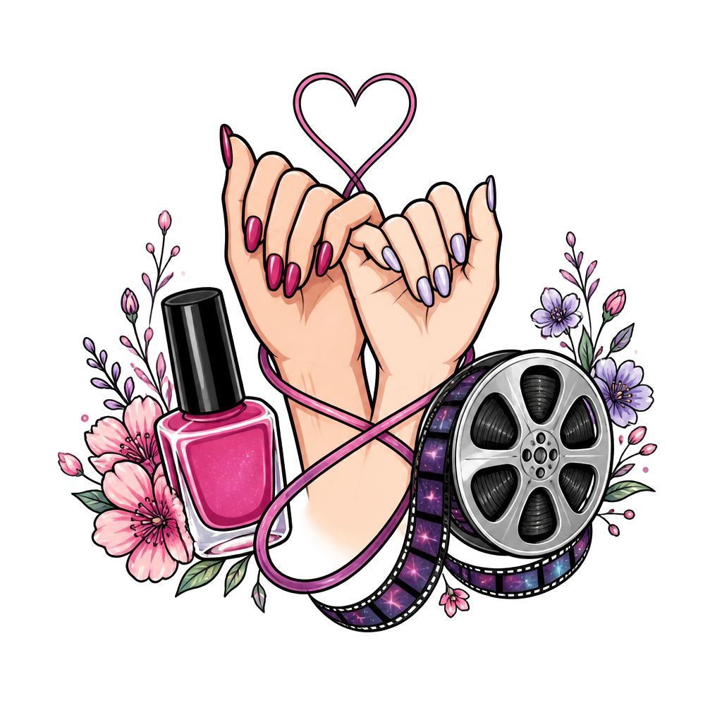 A nail polish bottle writing “Mal,” beside two intertwined hands and a small film reel, symbolizing a forever big-sister/little-sister bond.
