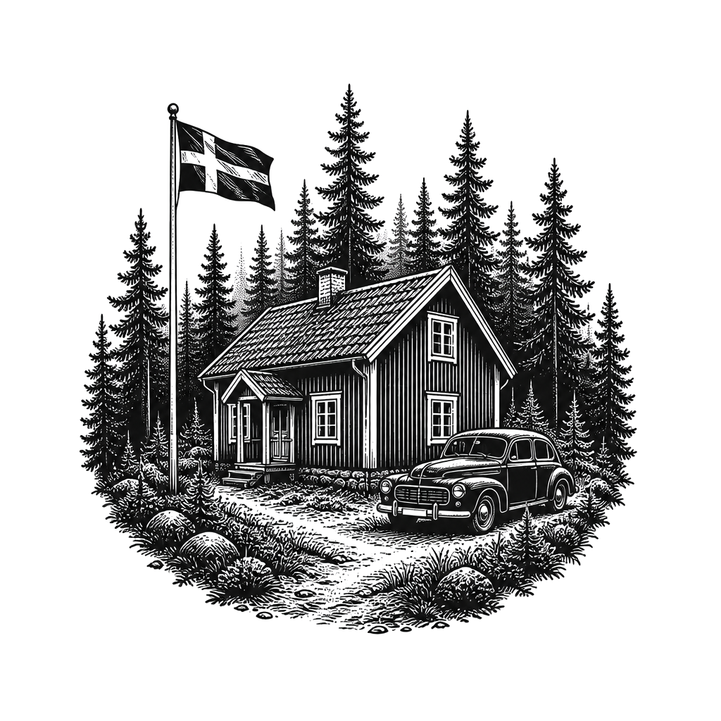 A forest with a house thats typical from swedens Wood and a old car next to the house and a flagpole with swedish flag
