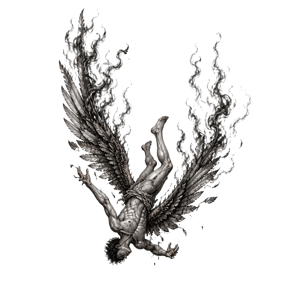 Icarus mid-fall, feathers turning to smoke