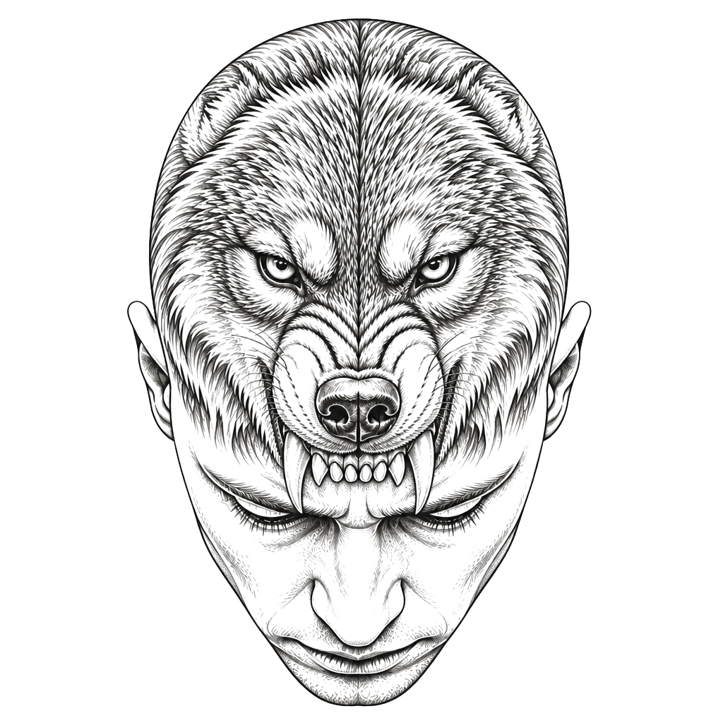 Wolf tattoo on entire scalp, with teeth hanging over forehead, black work ink