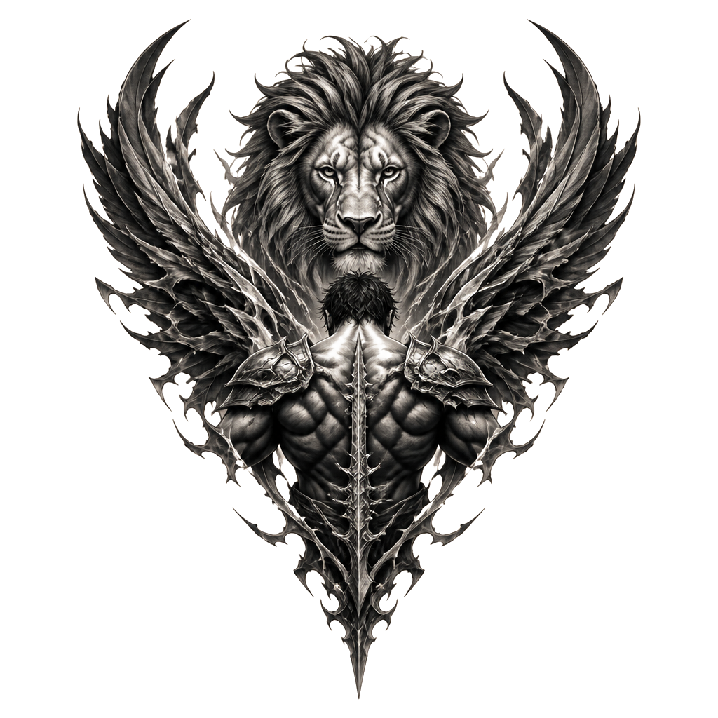 A masculine tattoo which covers upper back and inverts into spine. Tattoo needs to depict strength