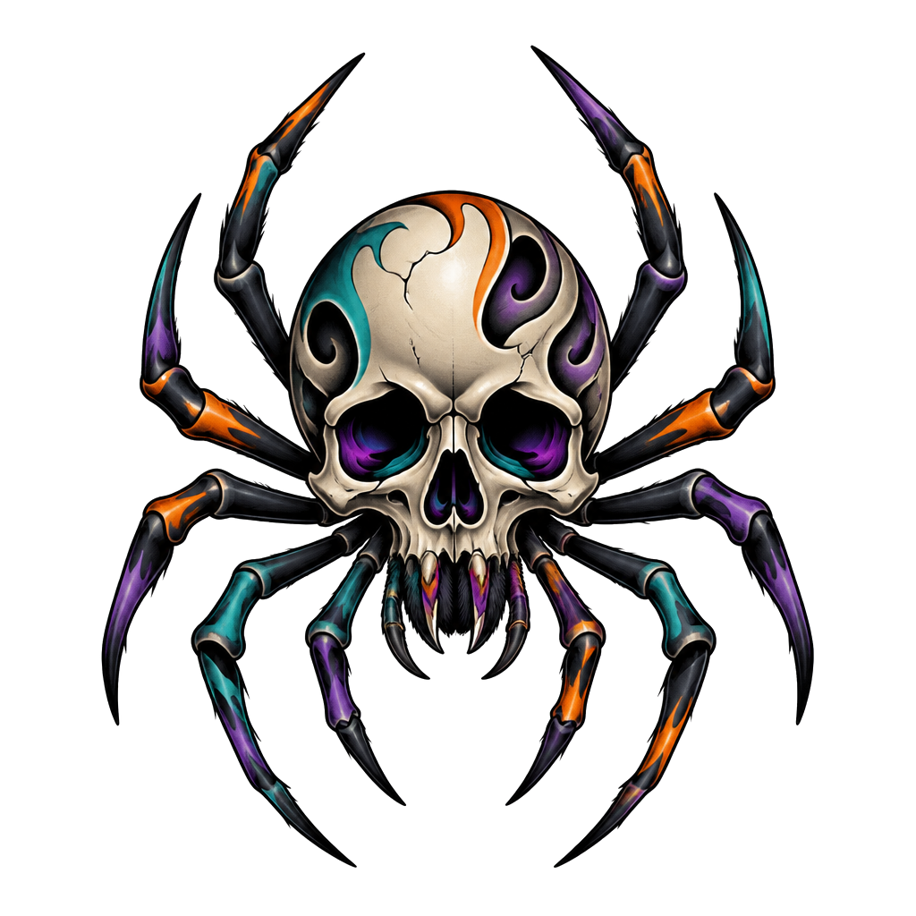 A spider with a skull for the body. Spider has eight legs, on the left hand