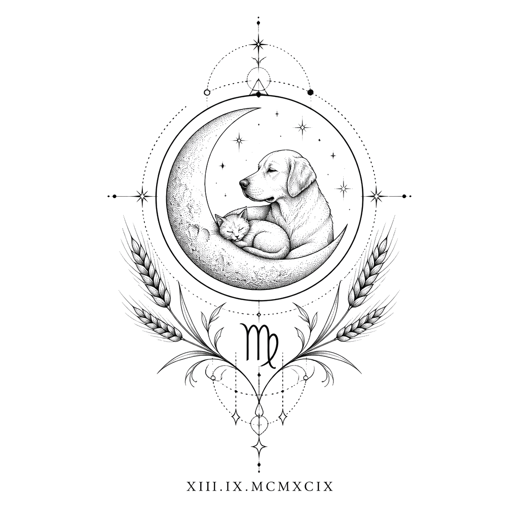 "A sophisticated geometric tattoo design for the shoulder blade, combining nature and astrology. At the center is a perfect circle acting as a frame. Inside the circle, there is a delicate dotwork (stippling) illustration of a crescent moon holding a small, curled-up cat and a protective dog. Outside the bottom of the circle, stylized wheat stalks and Virgo Zodiac symbols (♍) are intertwined. Below the entire composition, in elegant, thin Roman numerals, is the date: XIII.IX.MCMXCIX. Black and g