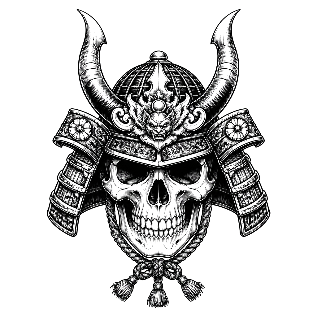 A skull wearing a horned samurai helmet