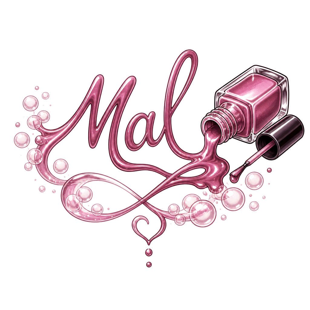 “Mal” in nail-polish brush lettering, connected to a tipped polish bottle spilling into delicate bubbles, symbolizing an unbroken best-friend promise across lifetimes.