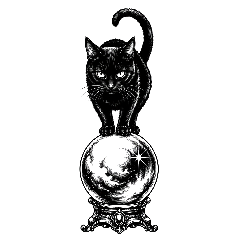 A black cat balanced on top of a crystal ball