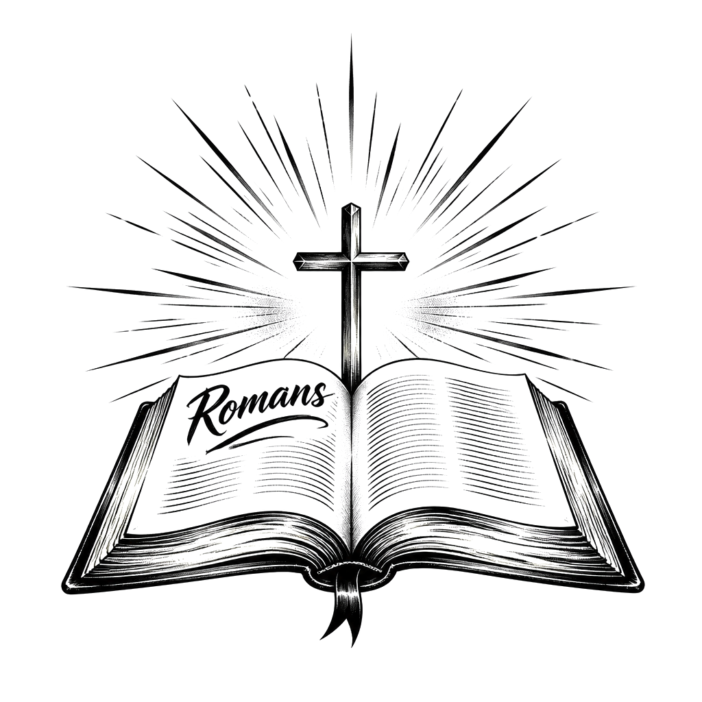 An open Bible marked “Romans,” with a small cross rising from its pages and steady rays extending outward.