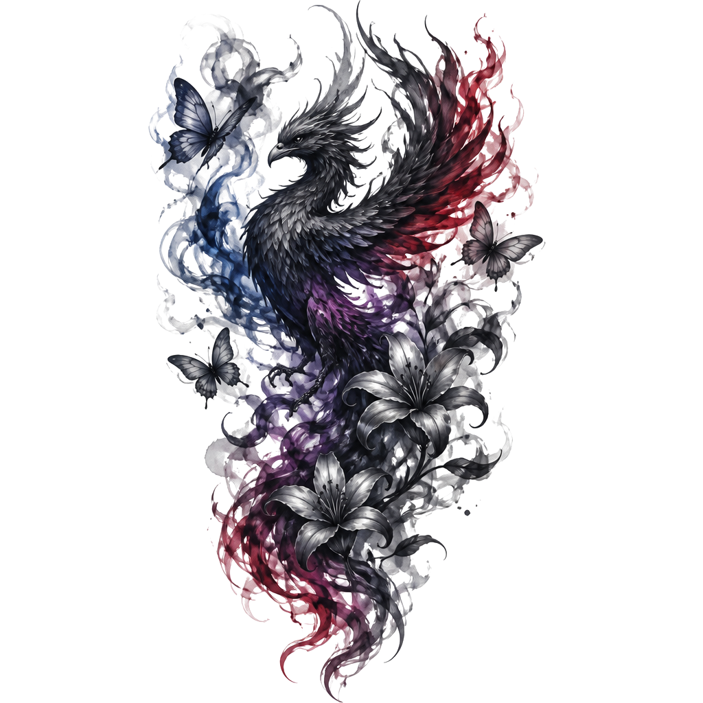 Dark elegant shoulder tattoo: add a large ink-smoke phoenix in black & smoky gray. Smoke-style butterflies + delicate smoky lilies/vines integrated throughout. Flowing organic wrap-around design on shoulder/upper arm. Mood: mysterious, powerful, shadowy, ethereal—dark vibes only, monochrome ink wash aesthetic.i like blue and red and purple idk