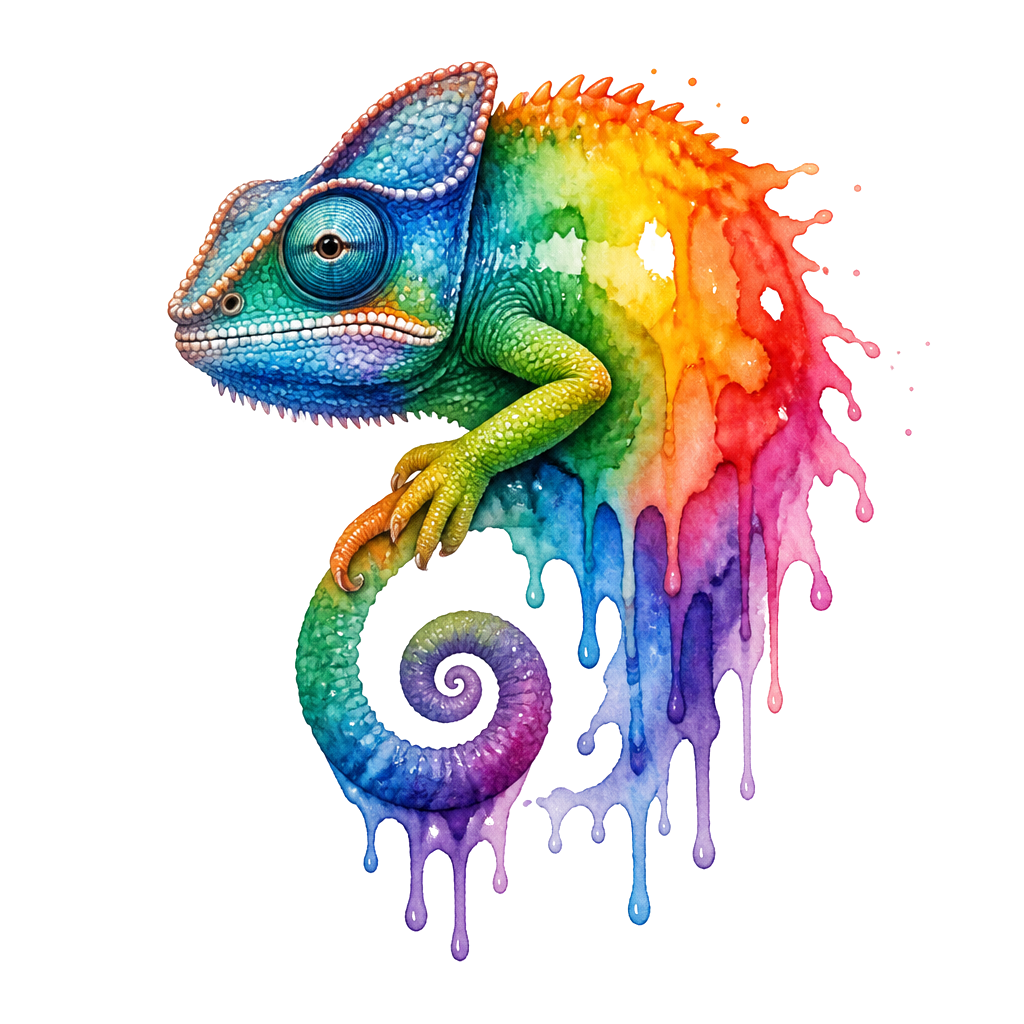 A chameleon melting into rainbow washes