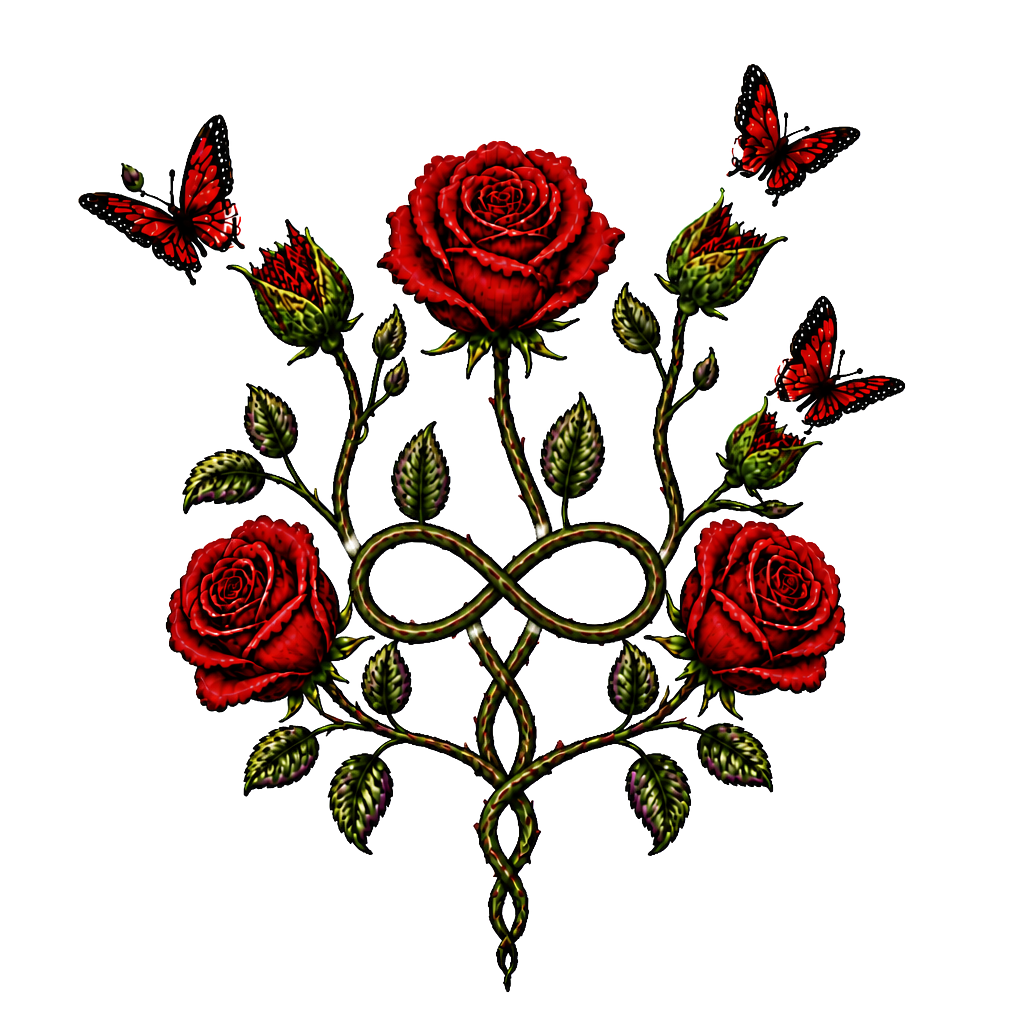 1 rote Rose, 1 geschlossene Rose wo ein Schmetterling entsteht,2 geschlossene Rosen an einen Strang wo aus den geschlossenen Rosen Schmetterlinge entstehen, 1 lila Rose und 1 rote Rose. Alles zusammen mit den Namen Fabian und Dèsirèe verbunden