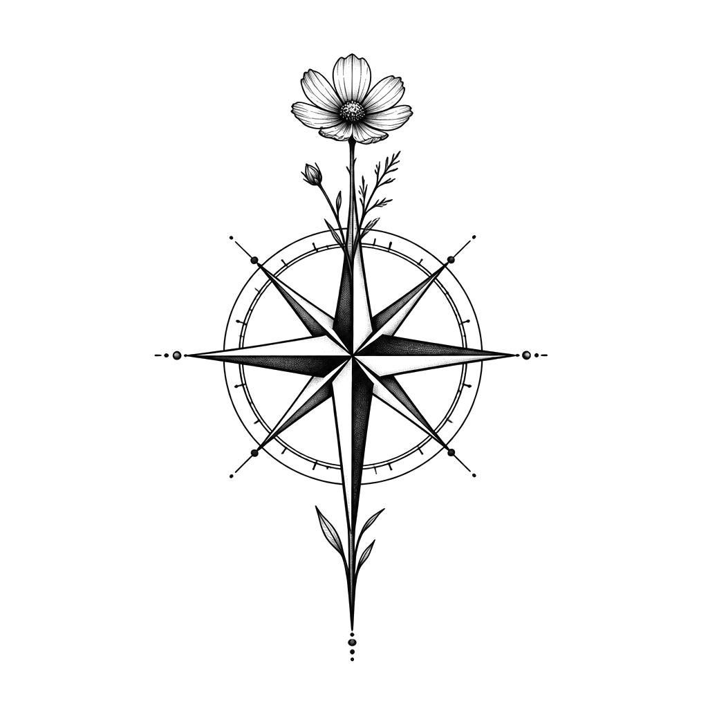 A compass rose with a wildflower for a needle