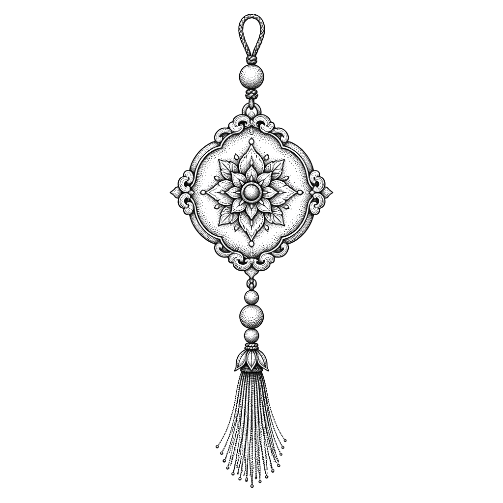 A stippled amulet hung with a beaded tassel