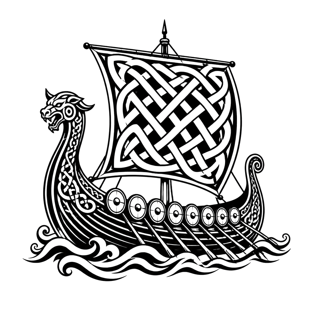 A longship sailing under a knotwork sail