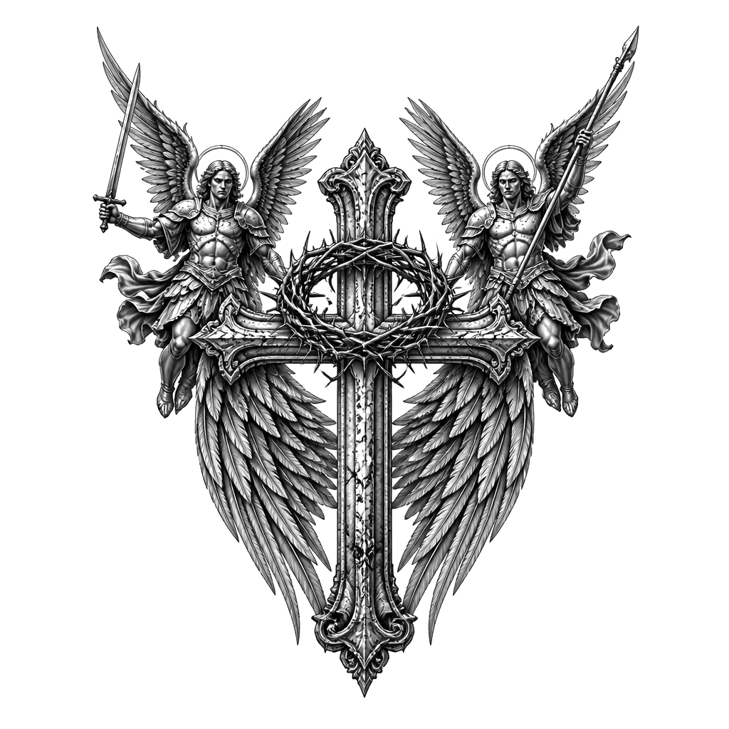 An ancient cross with angel wings behind and a thorny crown on top of the cross and also with an archangel on both sides of the crown, holding weapons