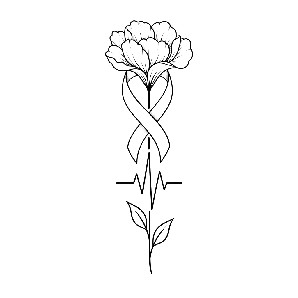 A resilient pink ribbon transformed into a blooming flower, its stem subtly forming a survivor’s heartbeat line.