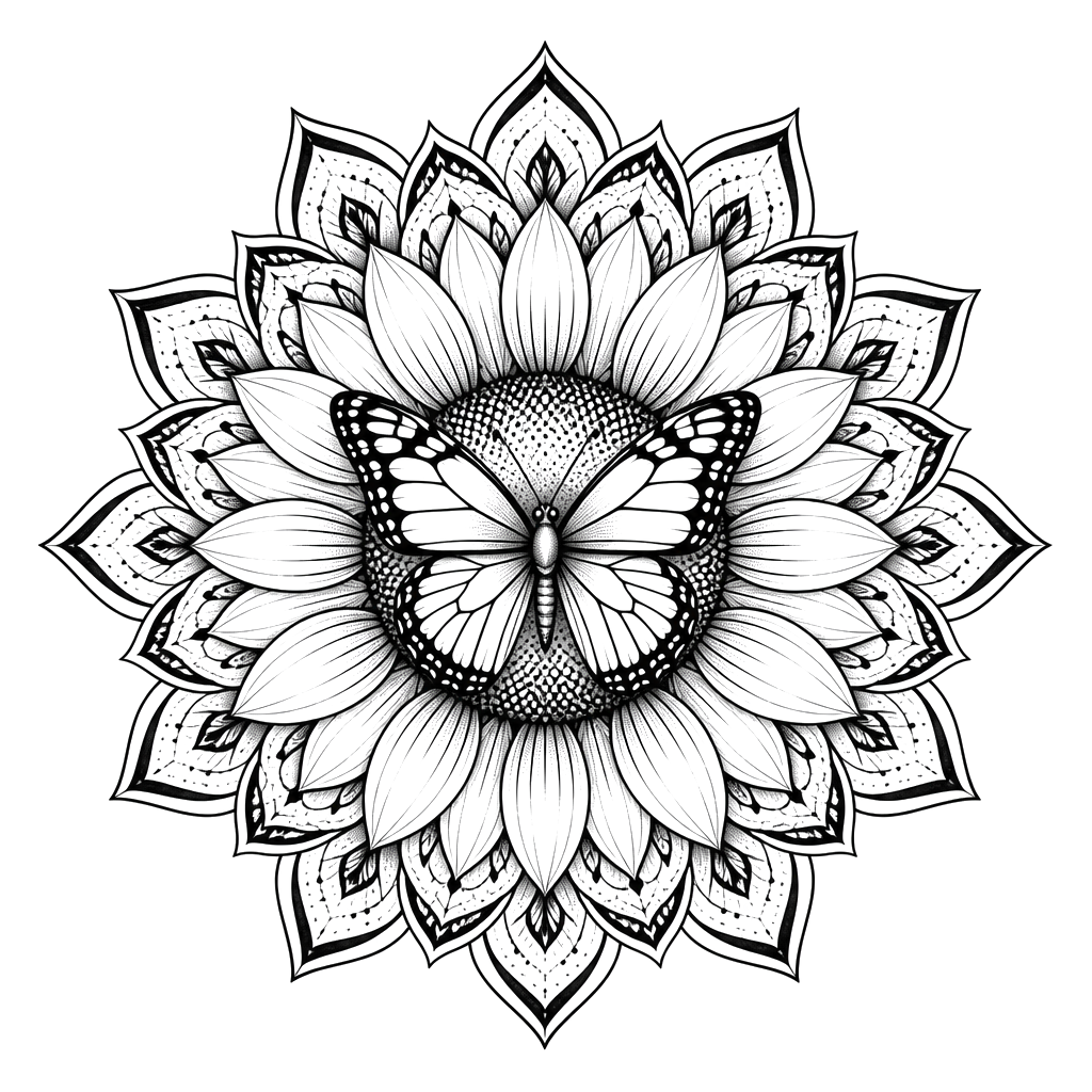 A butterfly resting at the center of a sunflower mandala