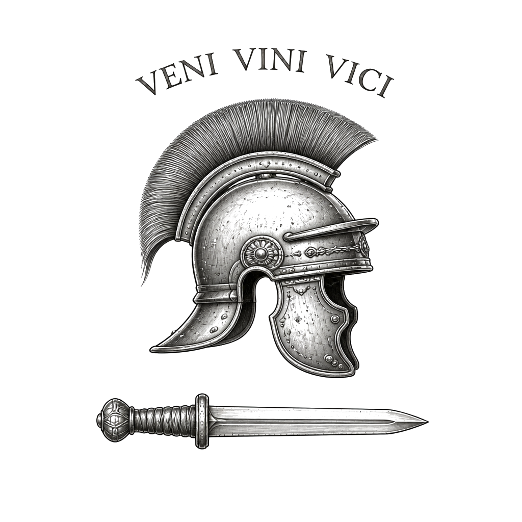 “Veni vini vici” in Roman lettering and over a Roman helmet with a Roman sword underneath
