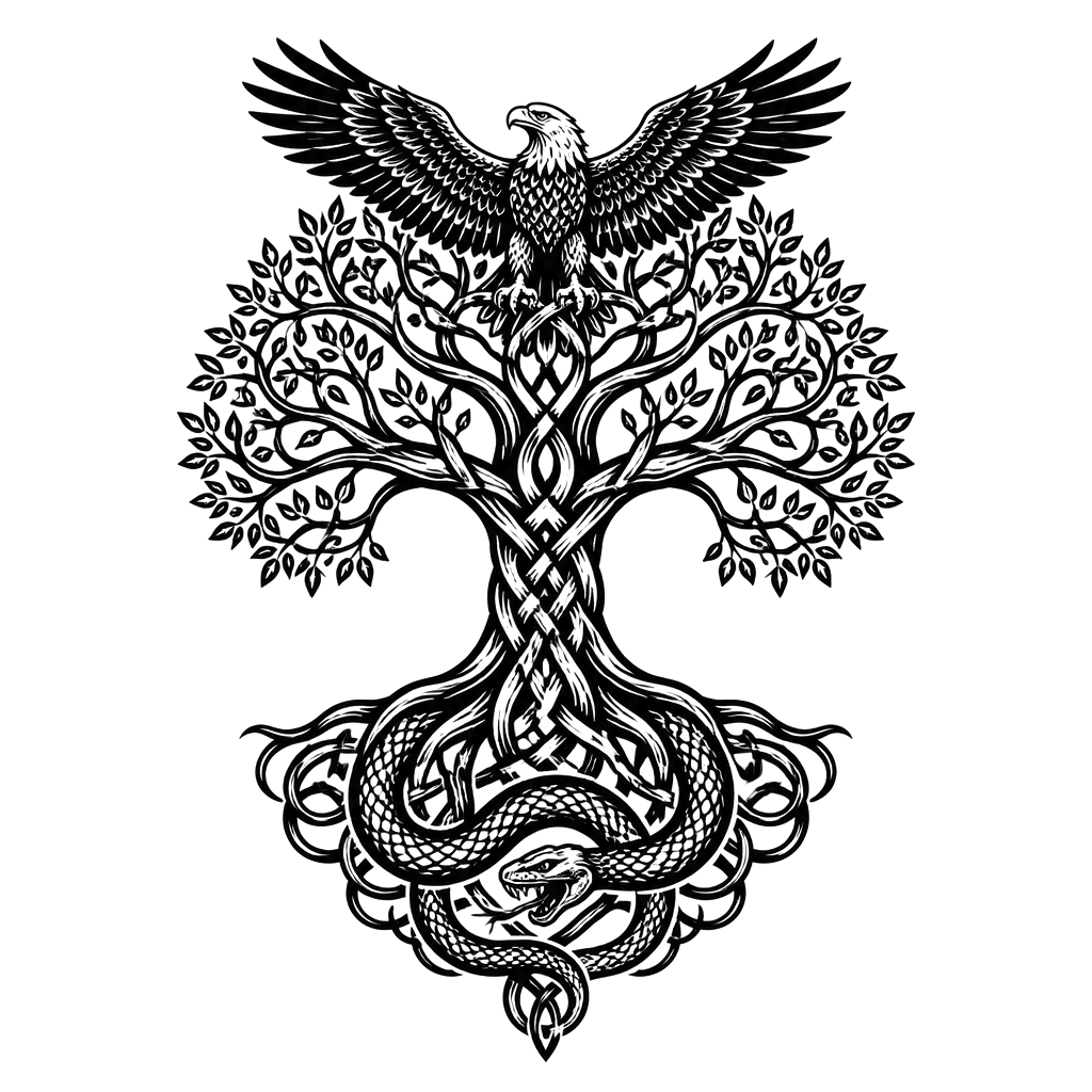 Yggdrasil with an eagle in its crown and a serpent at its roots