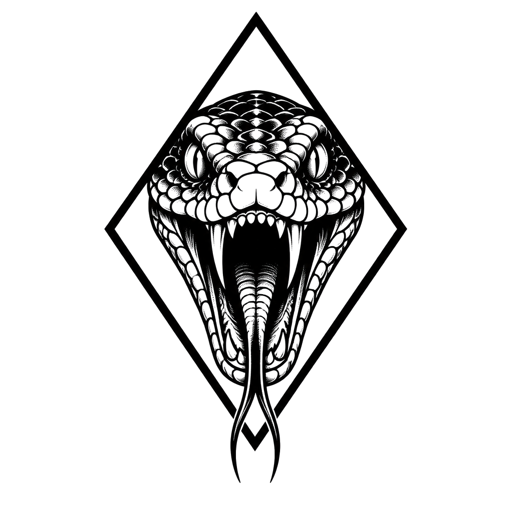 A snake's head mid-strike framed in a black diamond