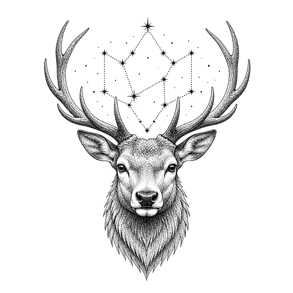 A stag head crowned with dotted constellations