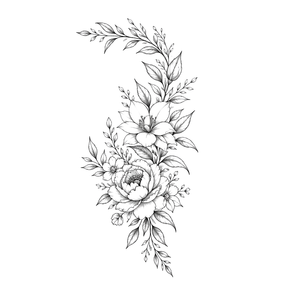 Floral design with flowers in amongst leaves primarily on my left thigh rising slightly to wrap around my hip. Fine line tattoo with light shading