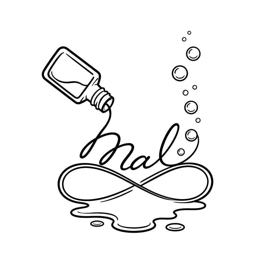 “Mal” handwritten in nail-polish script, flowing from a tipped bottle into a spill with rising bubbles, subtly forming an infinity loop to honor friendship beyond this lifetime.
