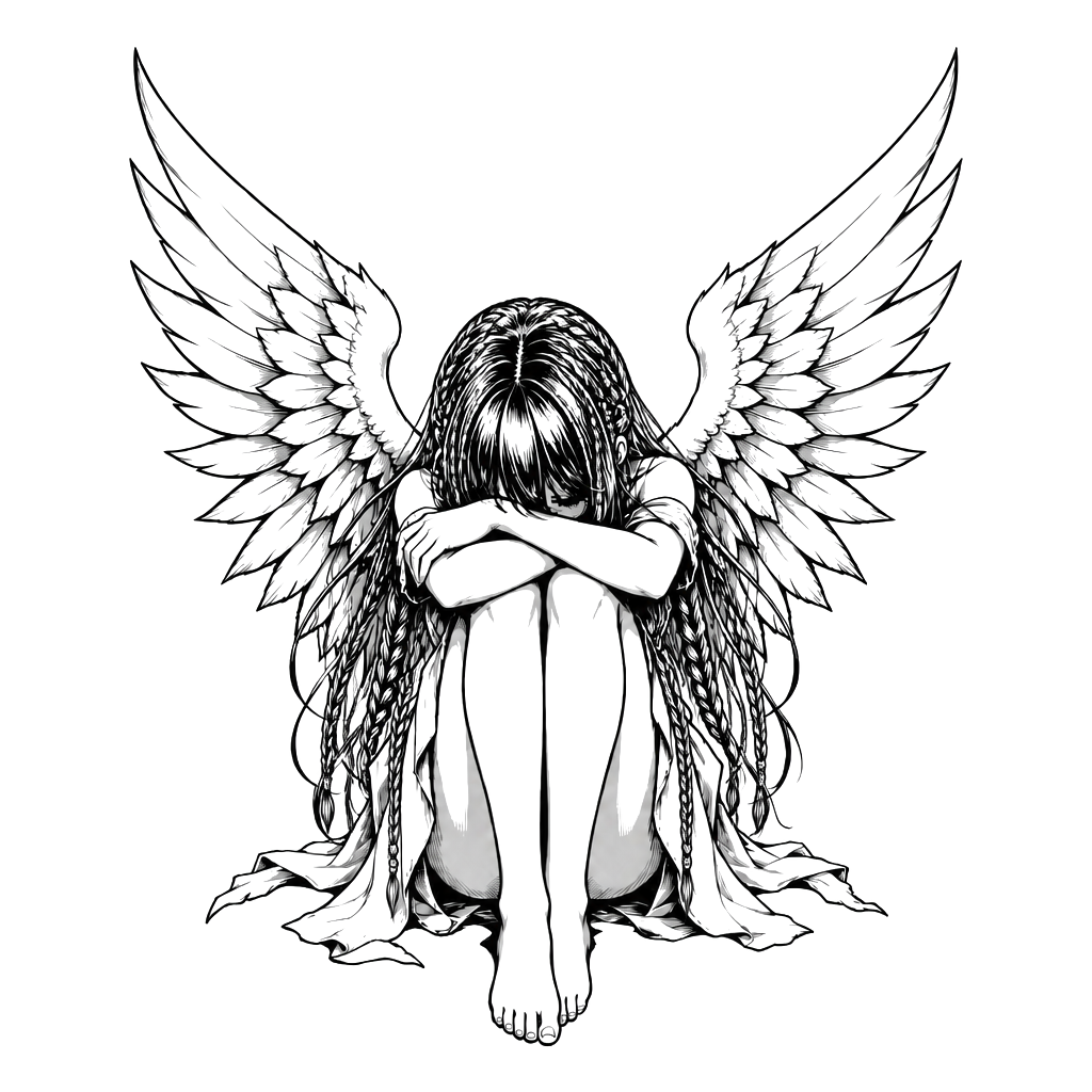A girl with wings sitting down with her head down
