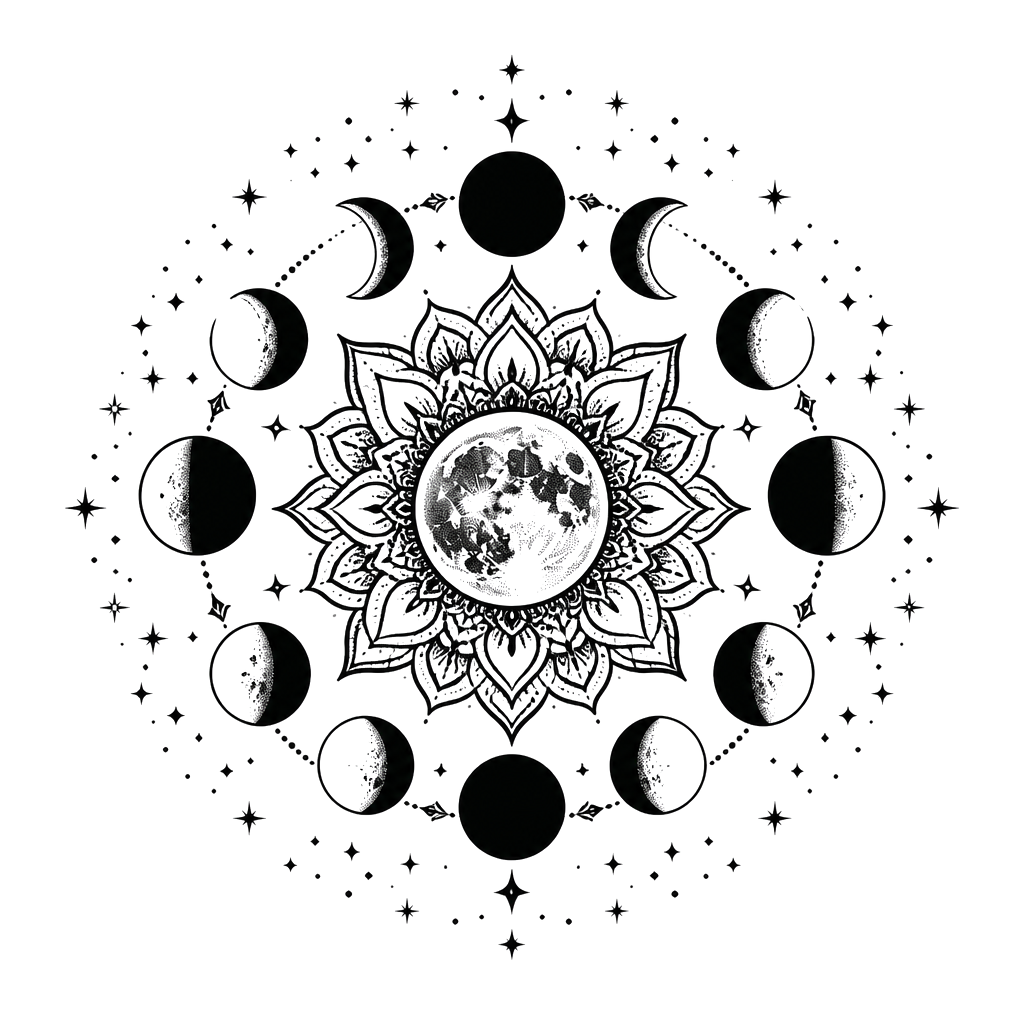 A moon phase mandala ringed with tiny stars