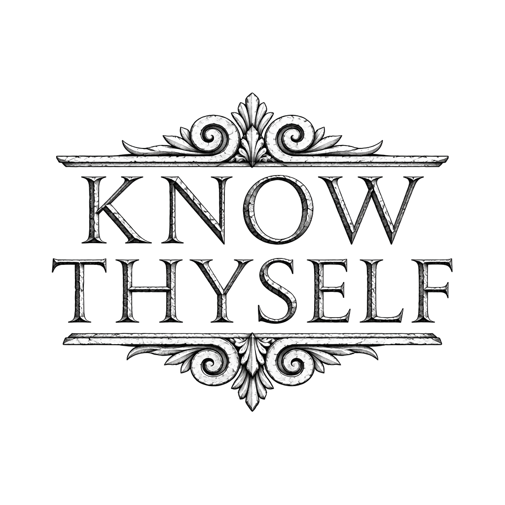 The words "know thyself" in carved Roman capitals