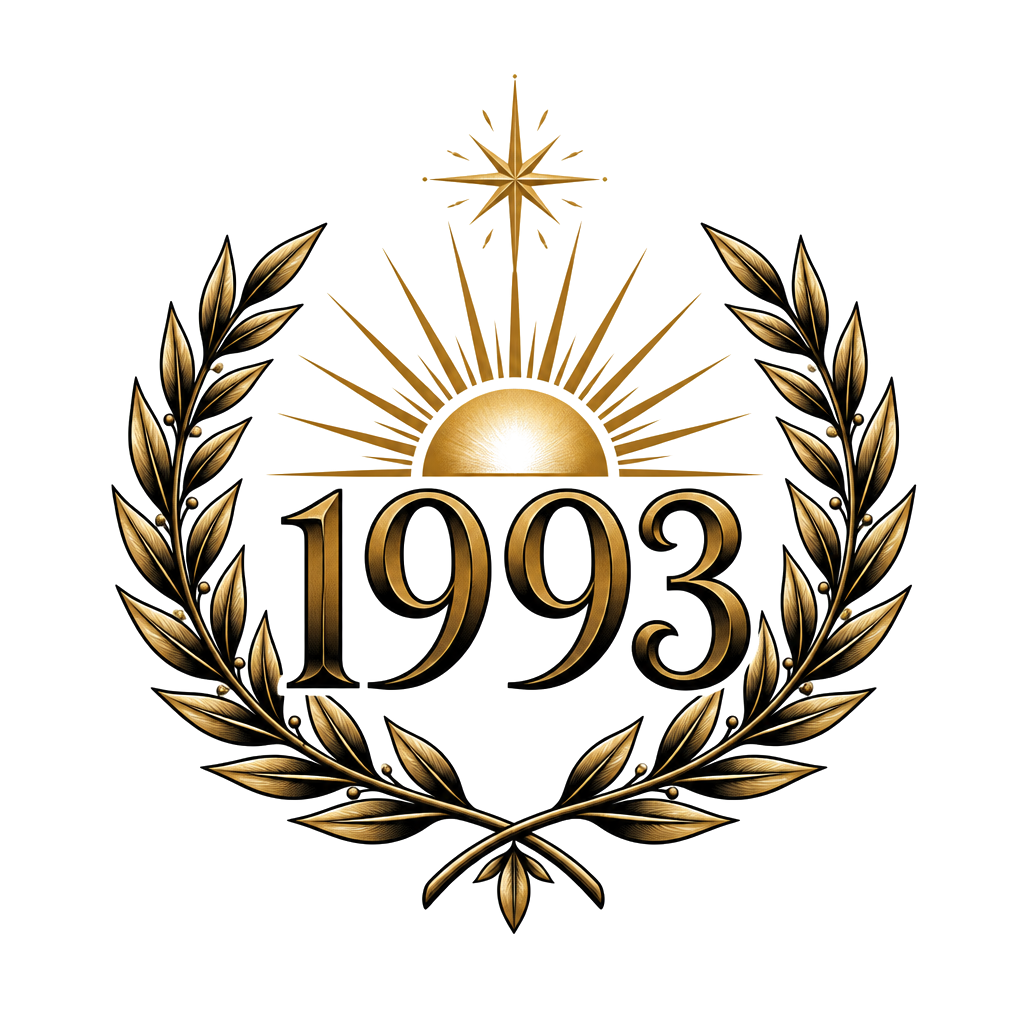 “1993” crowned by a laurel wreath, rising sun, and small starburst, symbolizing the birth of a legend.