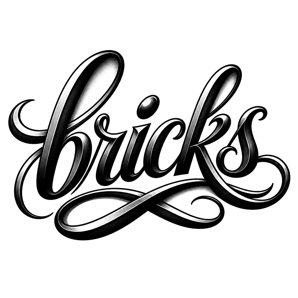 The word bricks in Script lettering. Black and white shading