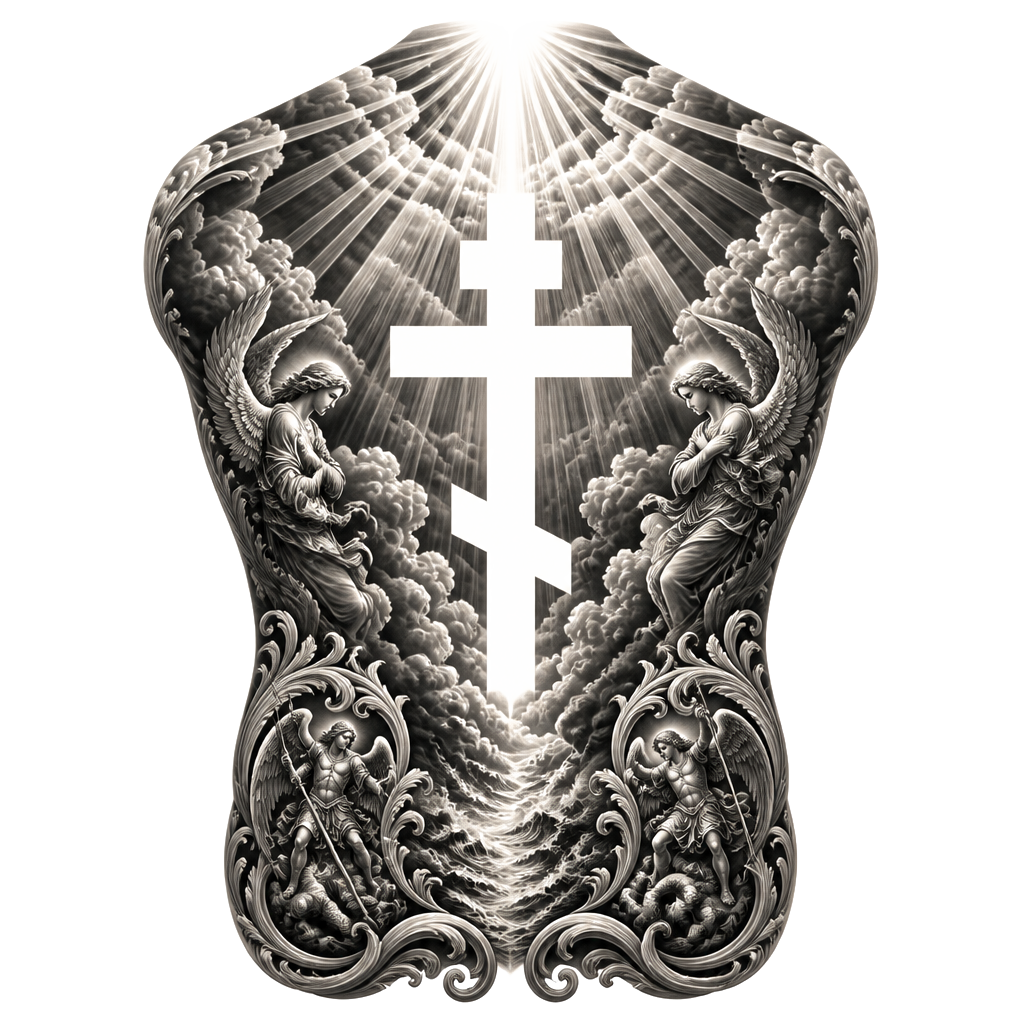 Full back piece with a Christian orthodox cross tattoo in negative space. I want sunrays to border the top and upper corners. Add two other smaller pieces in both lower corners
