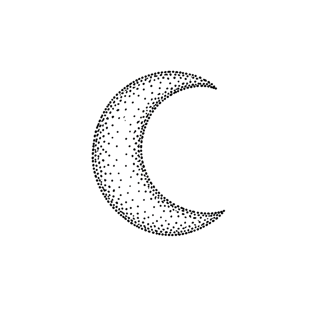 A hand-poked crescent moon with uneven dots