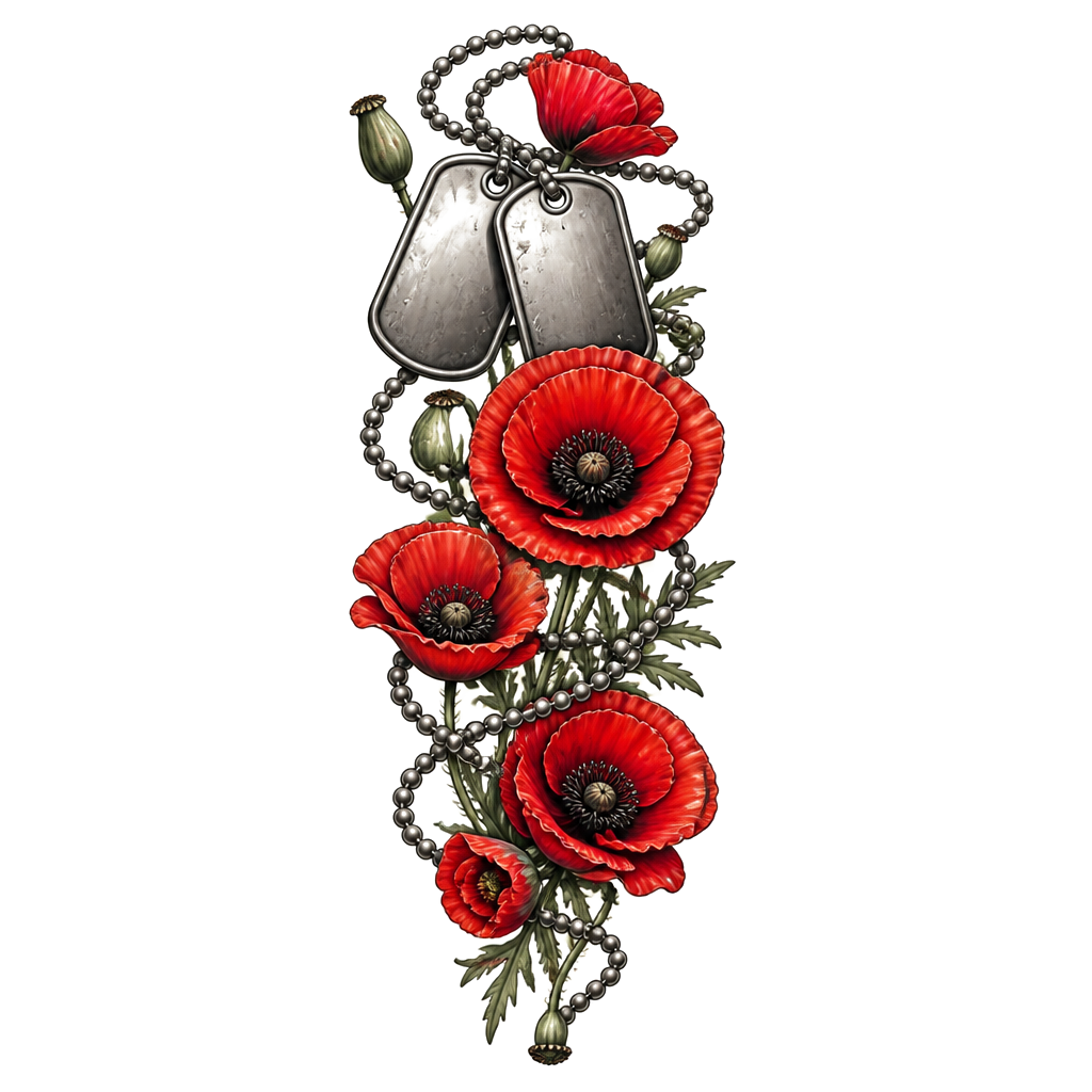 I want army dog tags to start on my bicep and the chain to wrap around my arm down onto my forearm with poppys around it
