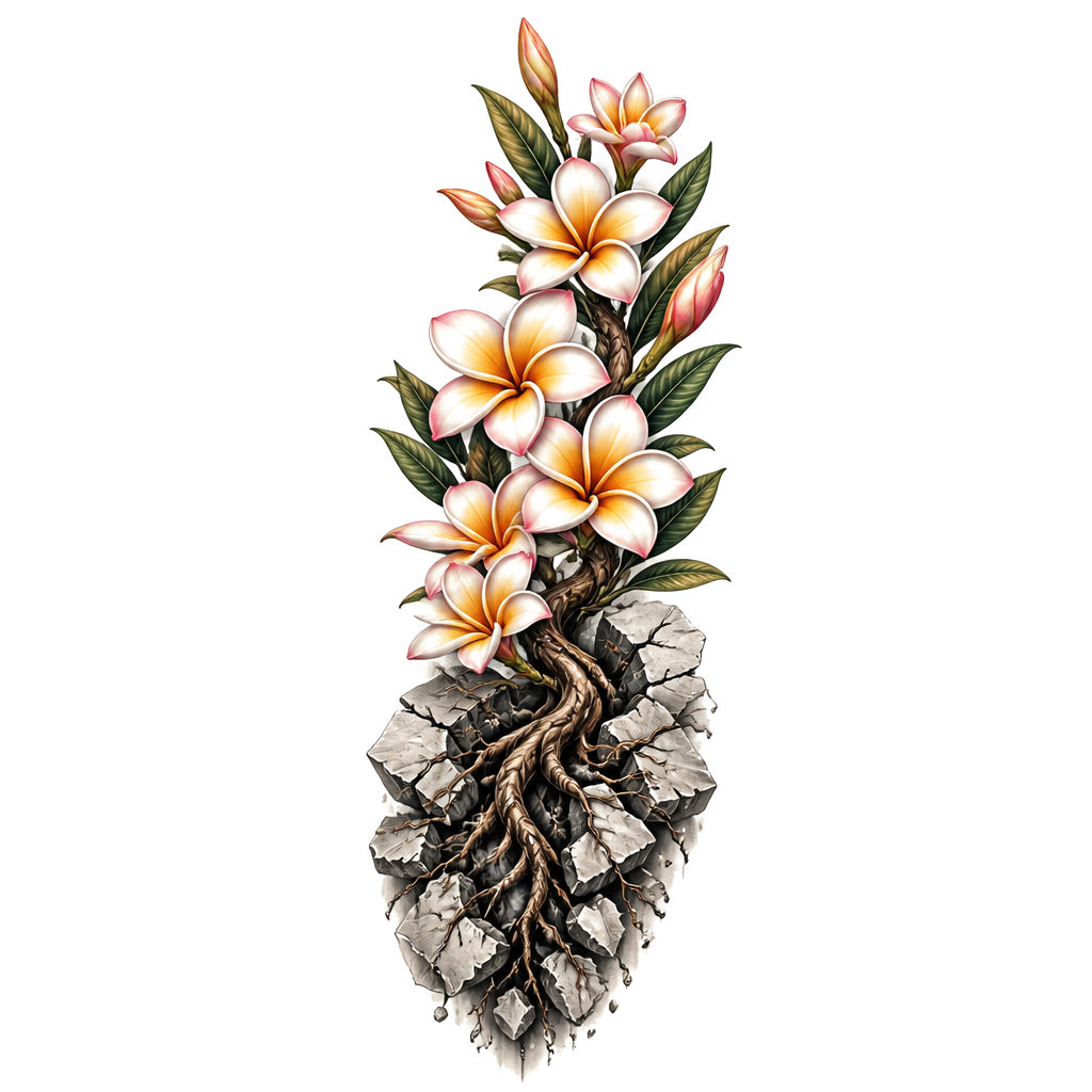 Frangipani blossoms rising from wrist to elbow, roots breaking through stone, with the words: “Through the darkest nights, I grew toward the light.”