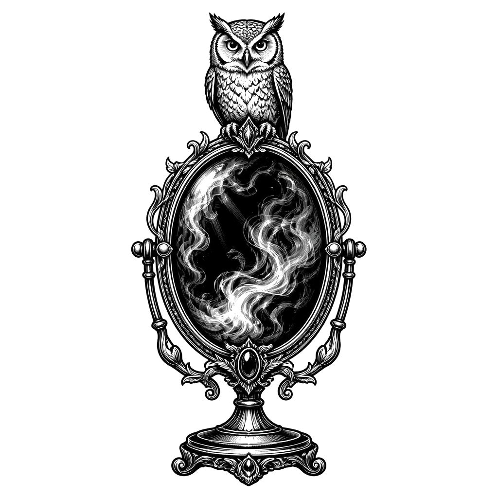 A scrying mirror on a stand with a small owl perched on top