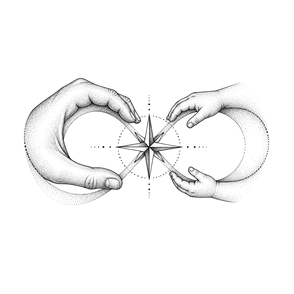 A father’s hand joined by two smaller hands, forming a subtle infinity loop around a shared compass star.