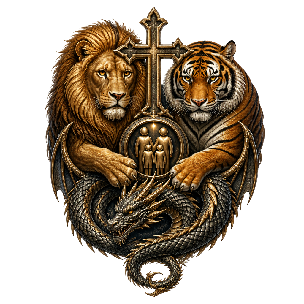 A protective lion and tiger flanking a cross, with a dragon coiled beneath them, all sheltering a small family emblem in their shared grasp.